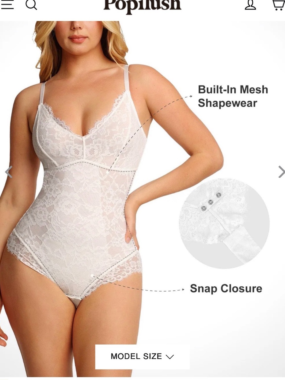 Popilush White Lace Bodysuit with Built-In Mesh Shapewear